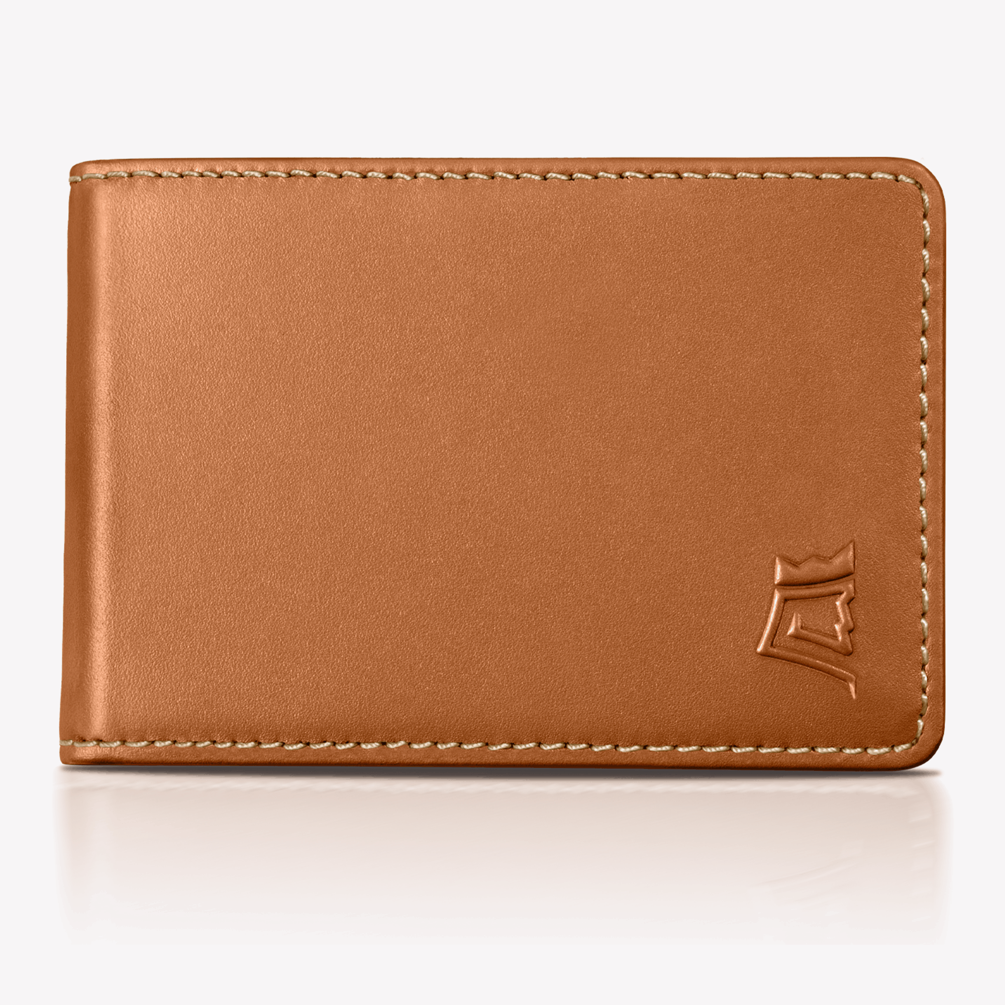 Brown leather wallet displaying multiple credit cards with 'UPGRADED LEATHER' text.