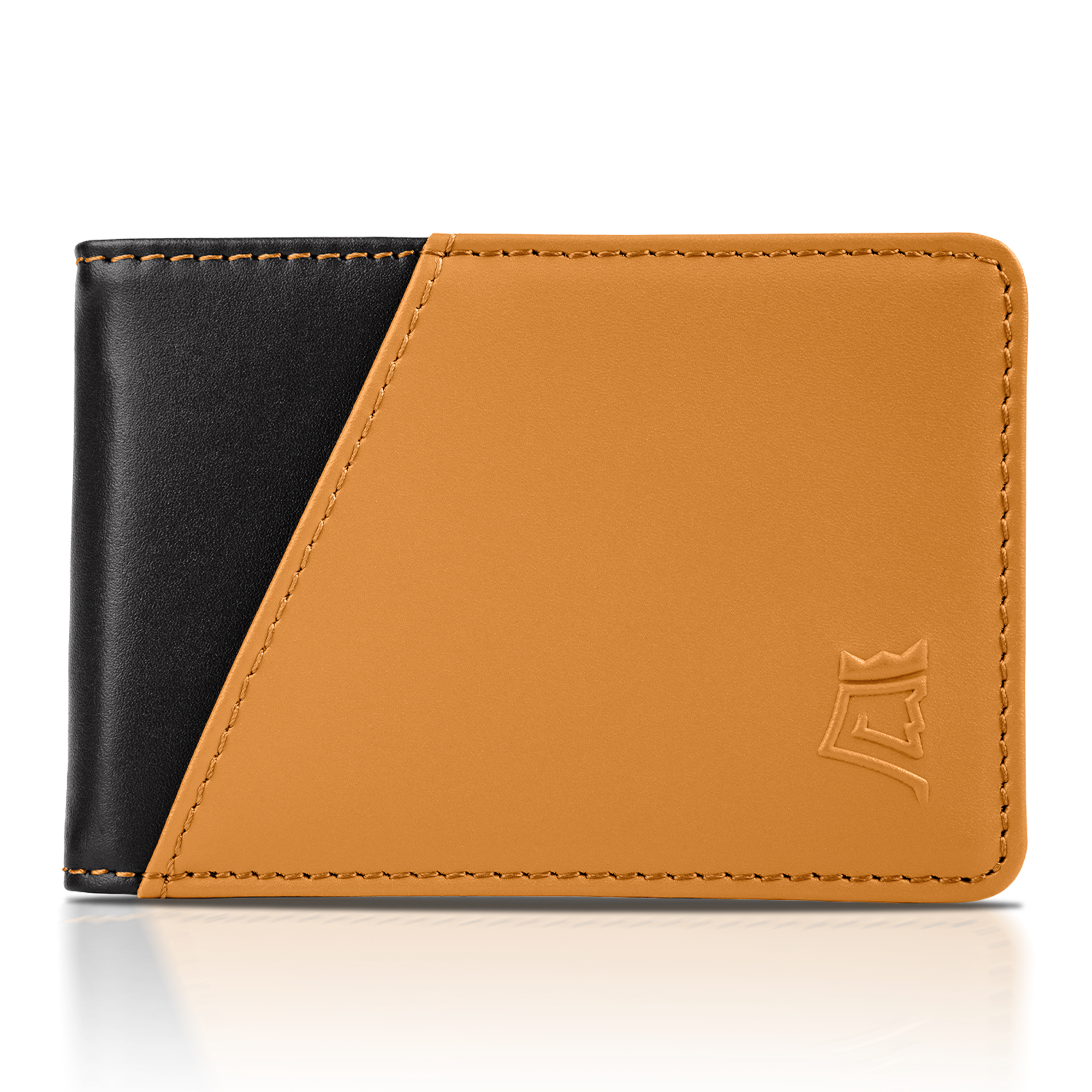 Brown leather wallet displaying multiple credit cards with 'UPGRADED LEATHER' text.