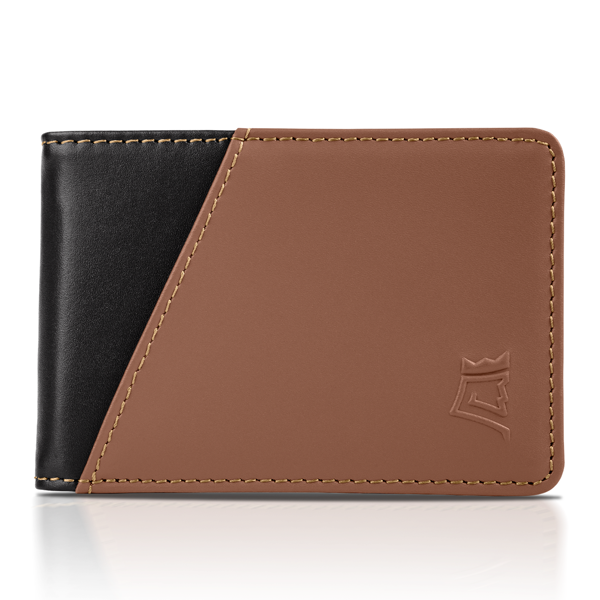 Brown leather wallet displaying multiple credit cards with 'UPGRADED LEATHER' text.