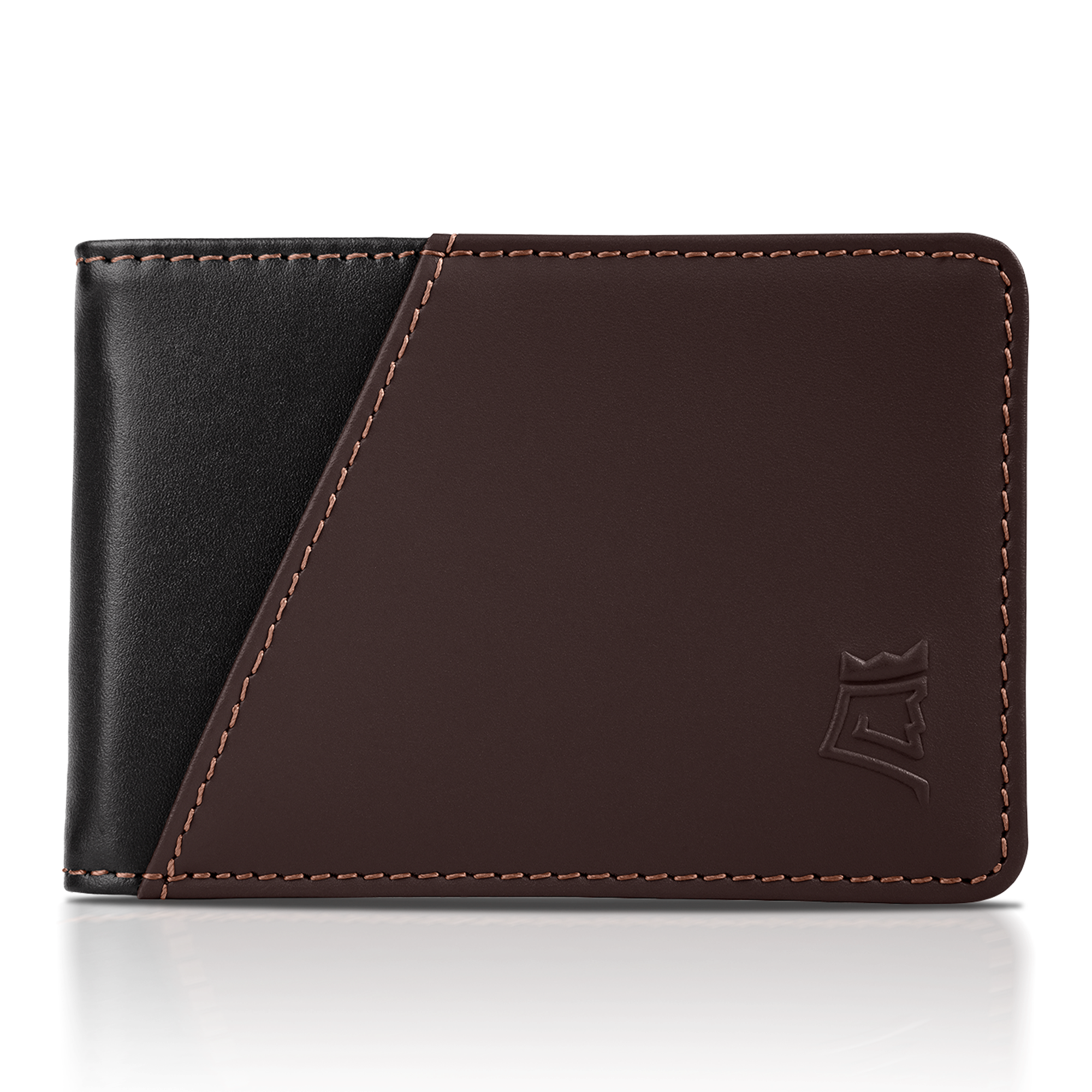 Brown leather wallet displaying multiple credit cards with 'UPGRADED LEATHER' text.