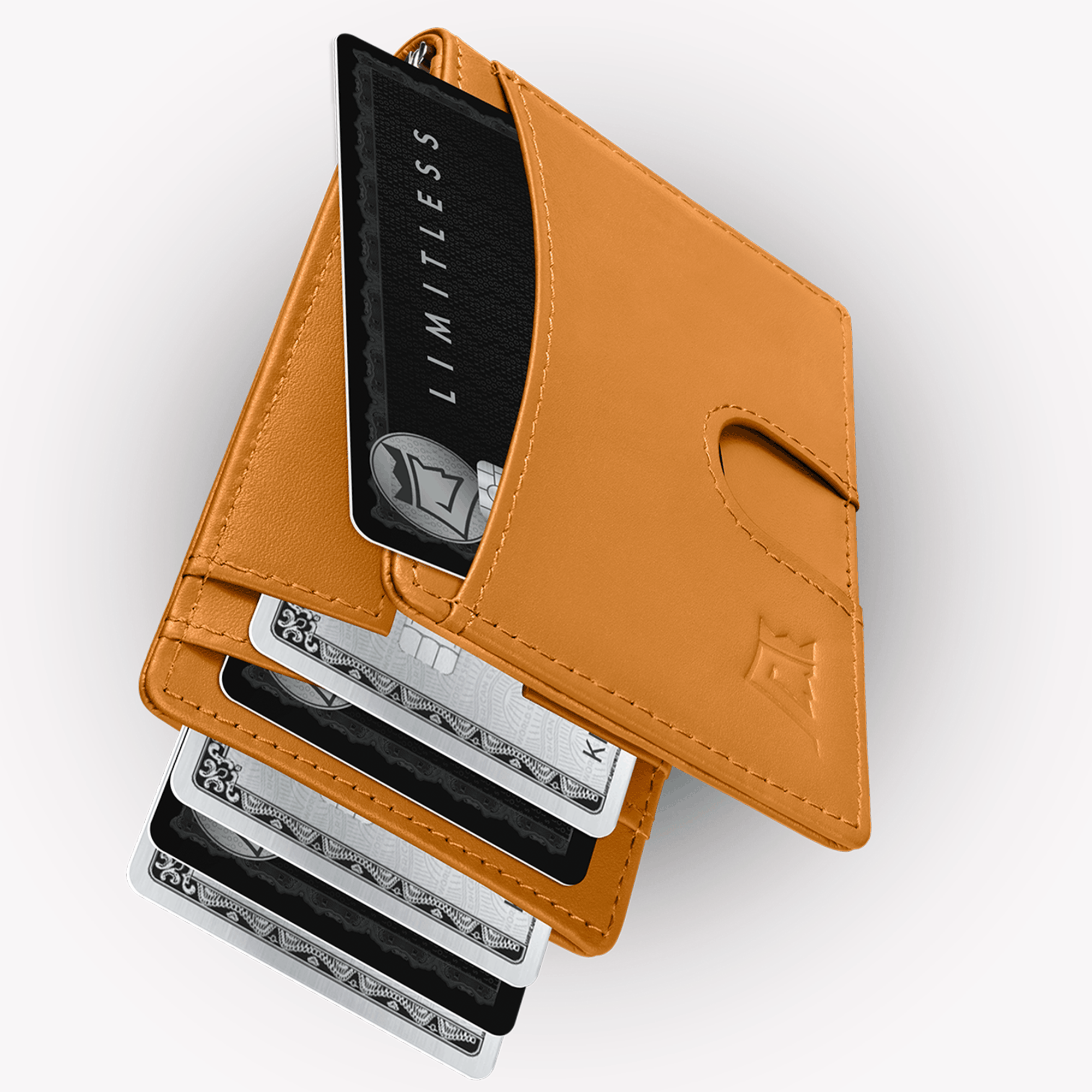 Brown leather wallet displaying multiple credit cards with 'UPGRADED LEATHER' text.